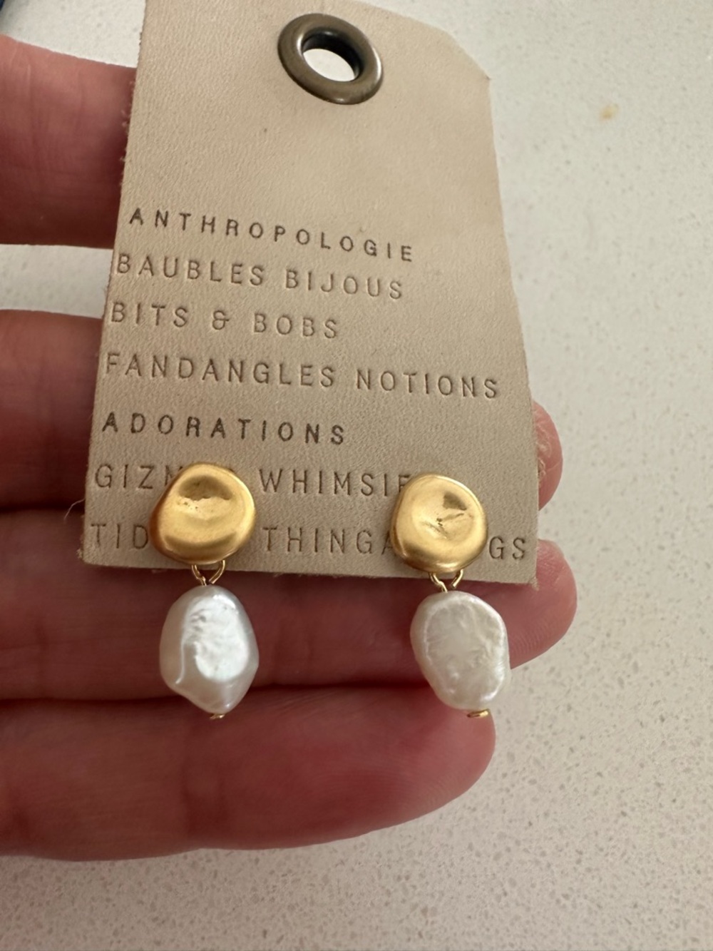 Anthropologie Gold and White Baroque Pearl Drop Earrings